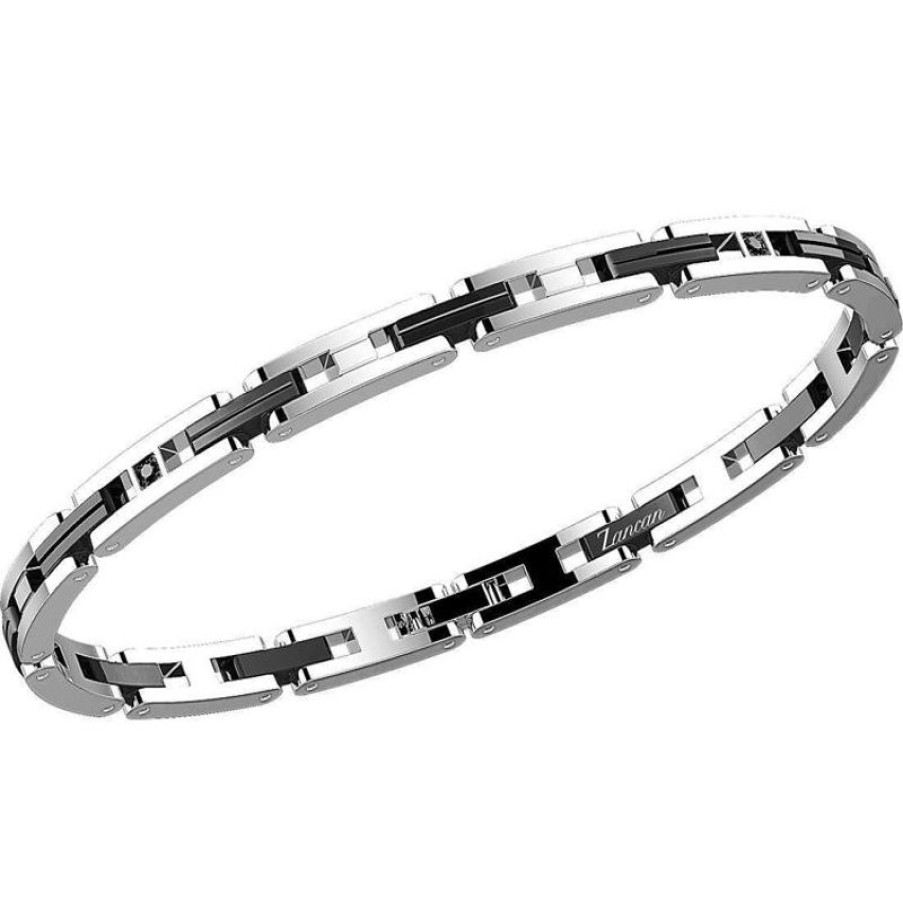 Zancan Bracciale Uomo Gioielli Zancan Hi Teck-Eleganteck In Acciaio 316 Con Spinelli Neri